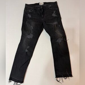 Current/Elliott Black Distressed Slim Straight Jeans